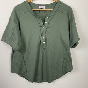 Pink Lily Green Ribbed Henley‎ Button Up Short Sleeve Top Women's S
